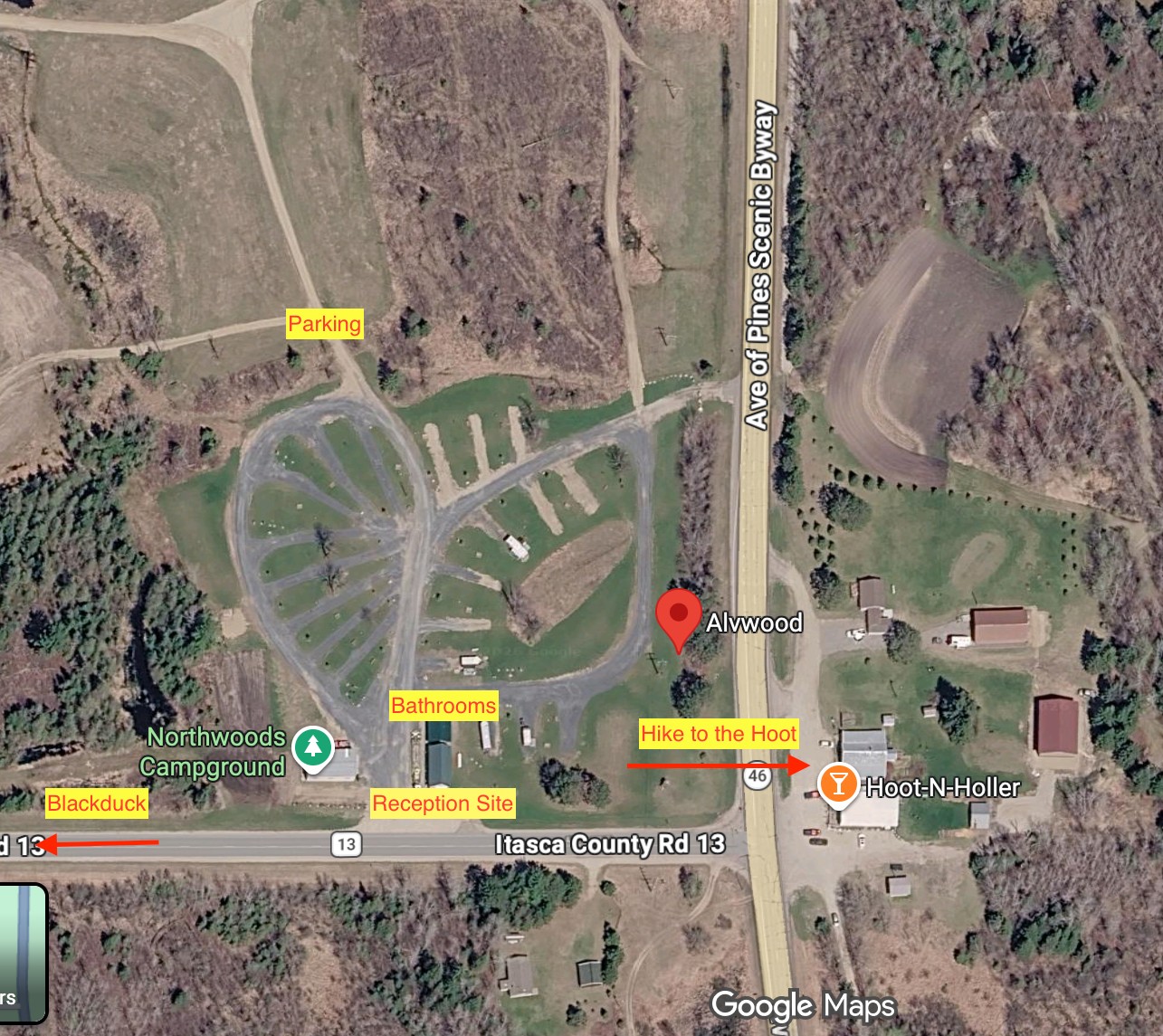 Aerial map of Alvwood, Minnesota — Northwoods Campground, the reception site, parking, bathrooms, and the walk to Hoot-N-Holler